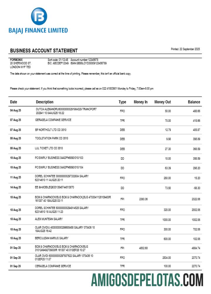 Bajaj Finance Limited Business Firm Account Extrato bancário em formato Word e PDF exemplo real